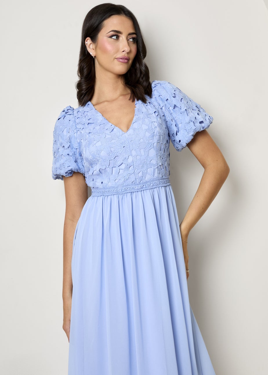 Chi Chi London Blue Puff Sleeve Premium Lace Midi Dress
