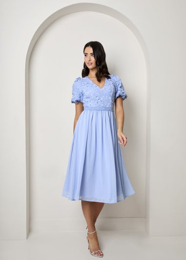 Chi Chi London Blue Puff Sleeve Premium Lace Midi Dress