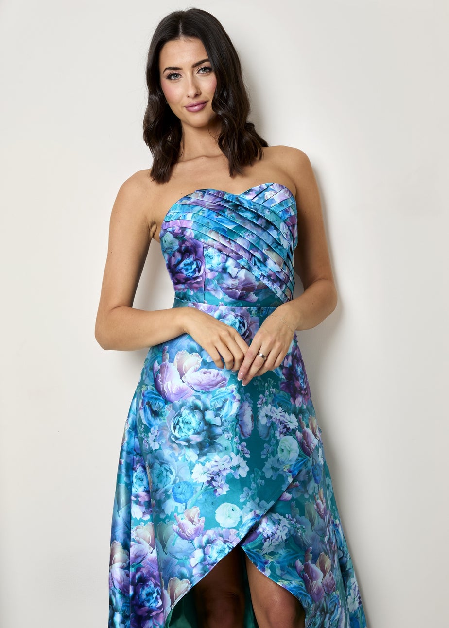 Chi Chi London Blue Bandeau Sweetheart Floral Wrap Detail Dip Hem Dress