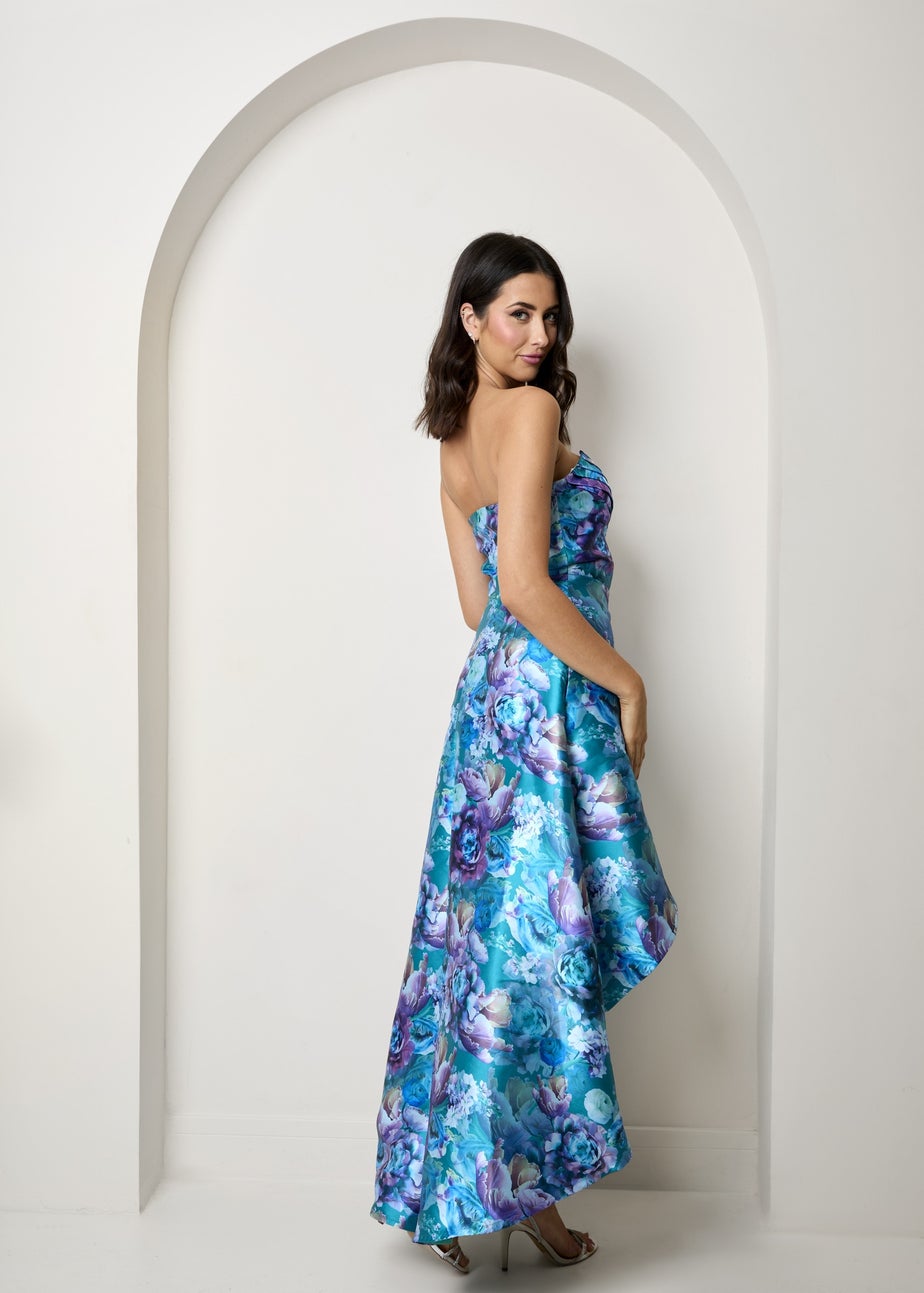 Chi Chi London Blue Bandeau Sweetheart Floral Wrap Detail Dip Hem Dress