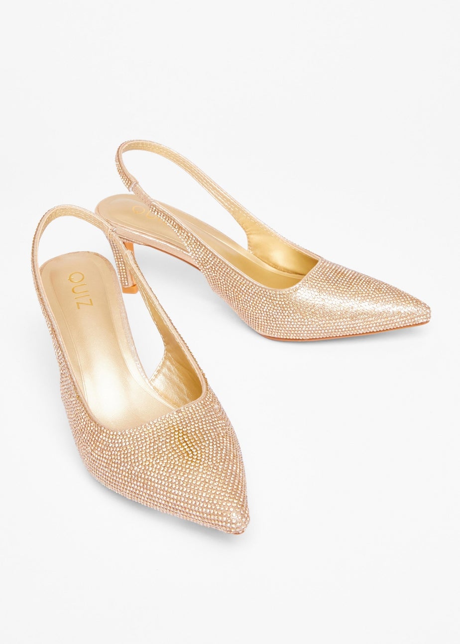 Quiz Gold Diamante Sling Back Heels
