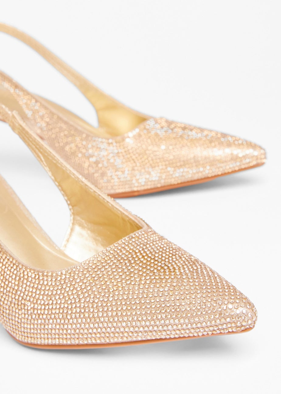 Quiz Gold Diamante Sling Back Heels