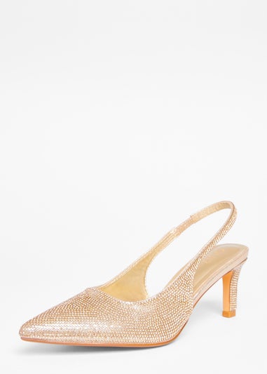 Quiz Gold Diamante Sling Back Heels