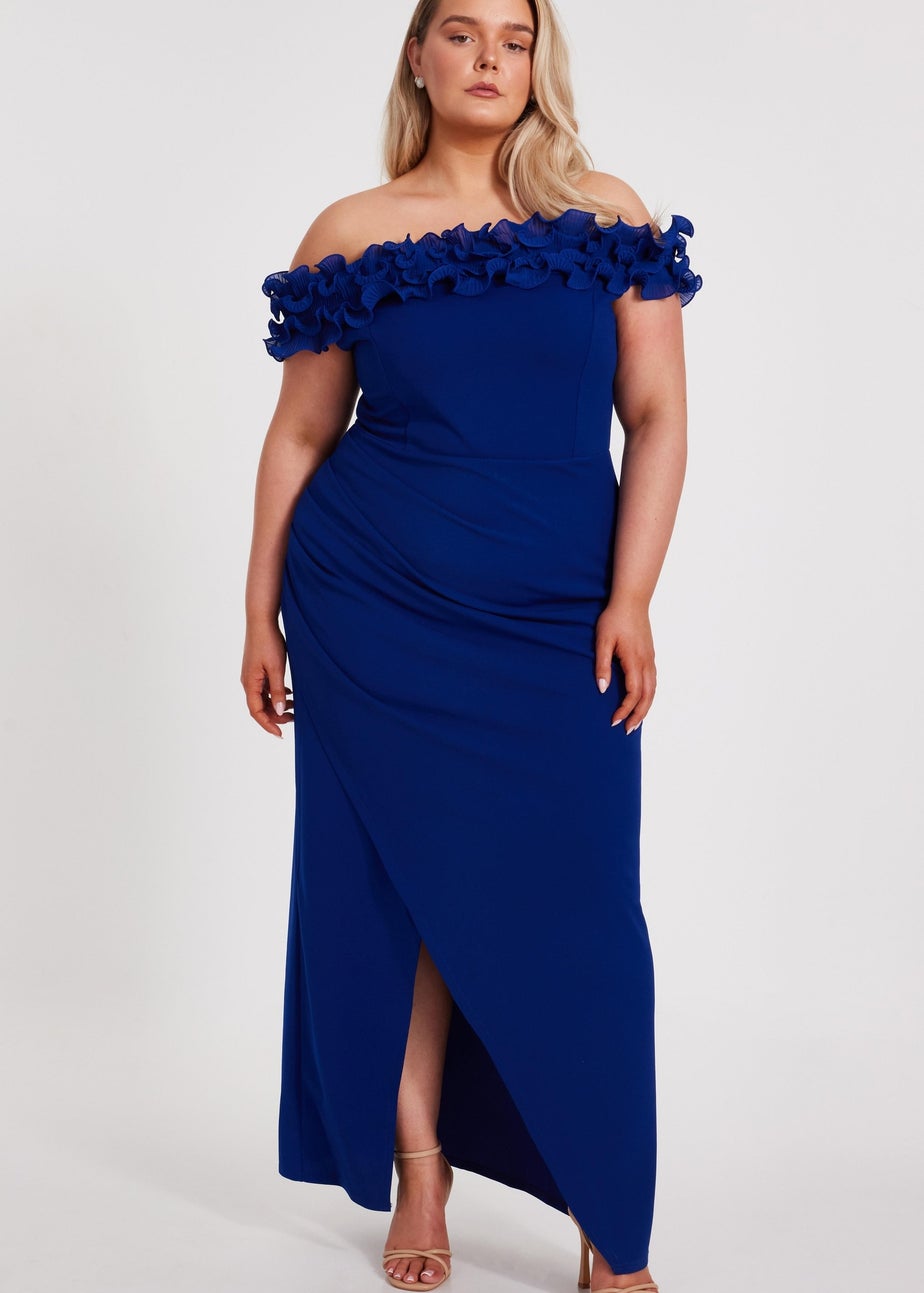 Quiz Blue Curve Bardot Ruffle Maxi Dress
