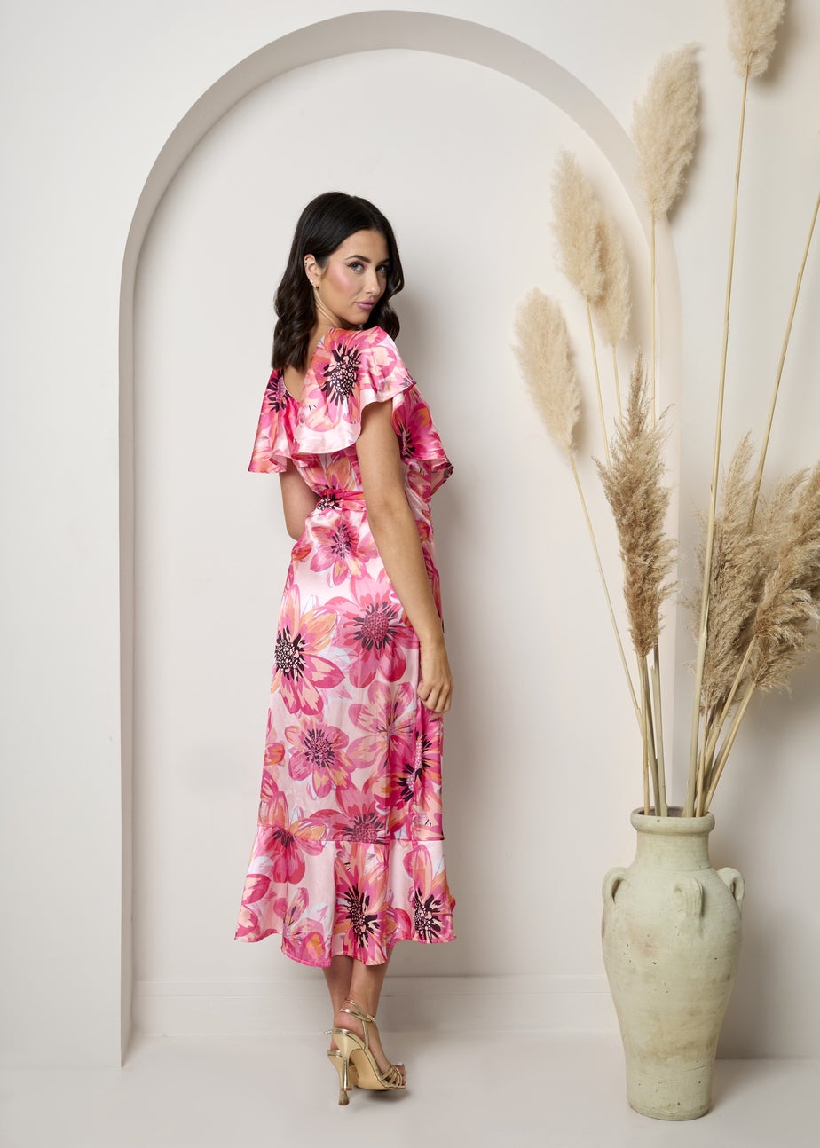 Chi Chi London Pink Plus Size Flutter Sleeve Satin Wrap Dress