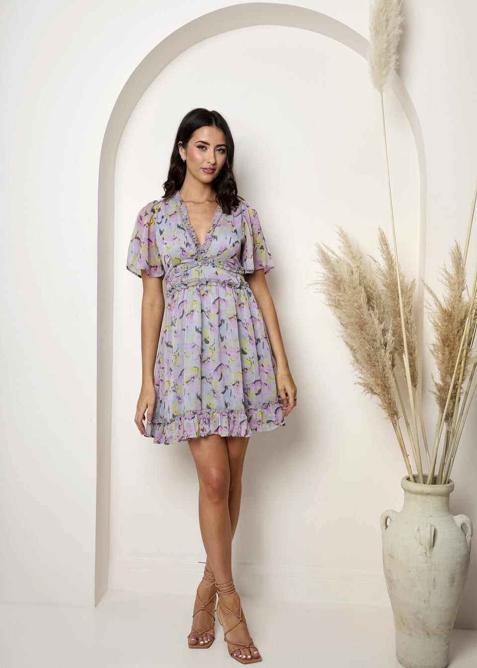 Chi Chi London Grey Short Sleeve Ruffle Mini Dress