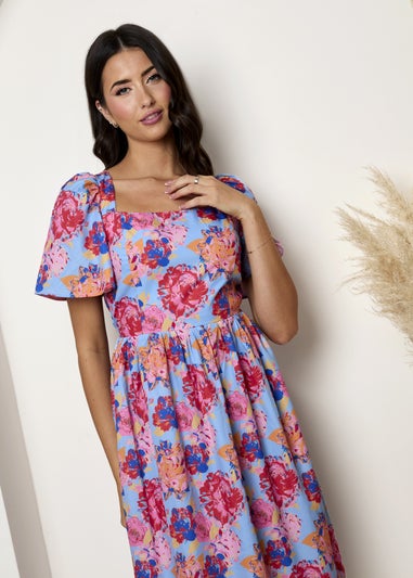 Chi Chi London Blue Square Neck Floral Midi Dress