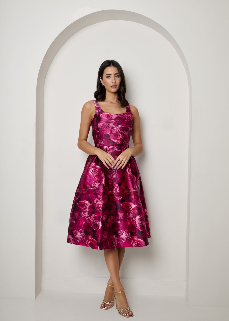 Chi Chi London Purple Plus Size Sleeveless Floral Fit and Flare Midi Dress