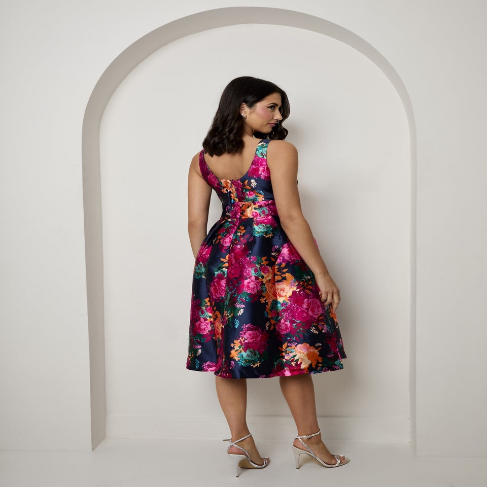 Chi Chi London Navy Plus Size Sleeveless Floral Fit and Flare Midi Dress