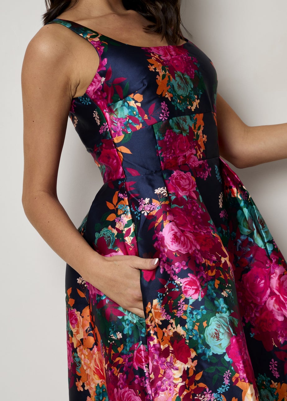 Chi Chi London Navy Plus Size Sleeveless Floral Fit and Flare Midi Dress