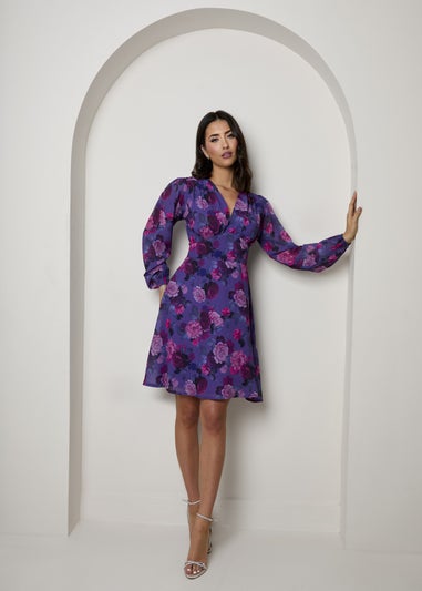 Chi Chi London Purple Plus Size V Neck Floral Printed Chiffon Dress