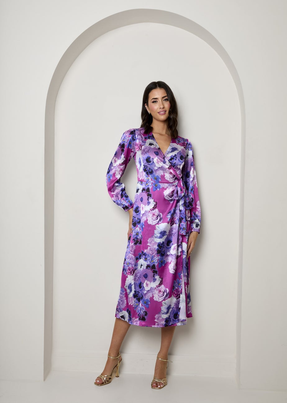 Chi Chi London Purple Plus Size Long Sleeve Floral Wrap Dress