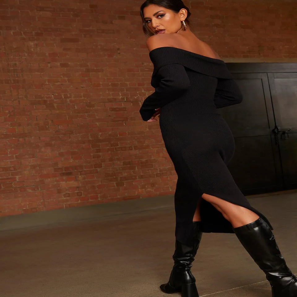 Chi Chi London Black Bardot Split Detail Midi Jumper Dress