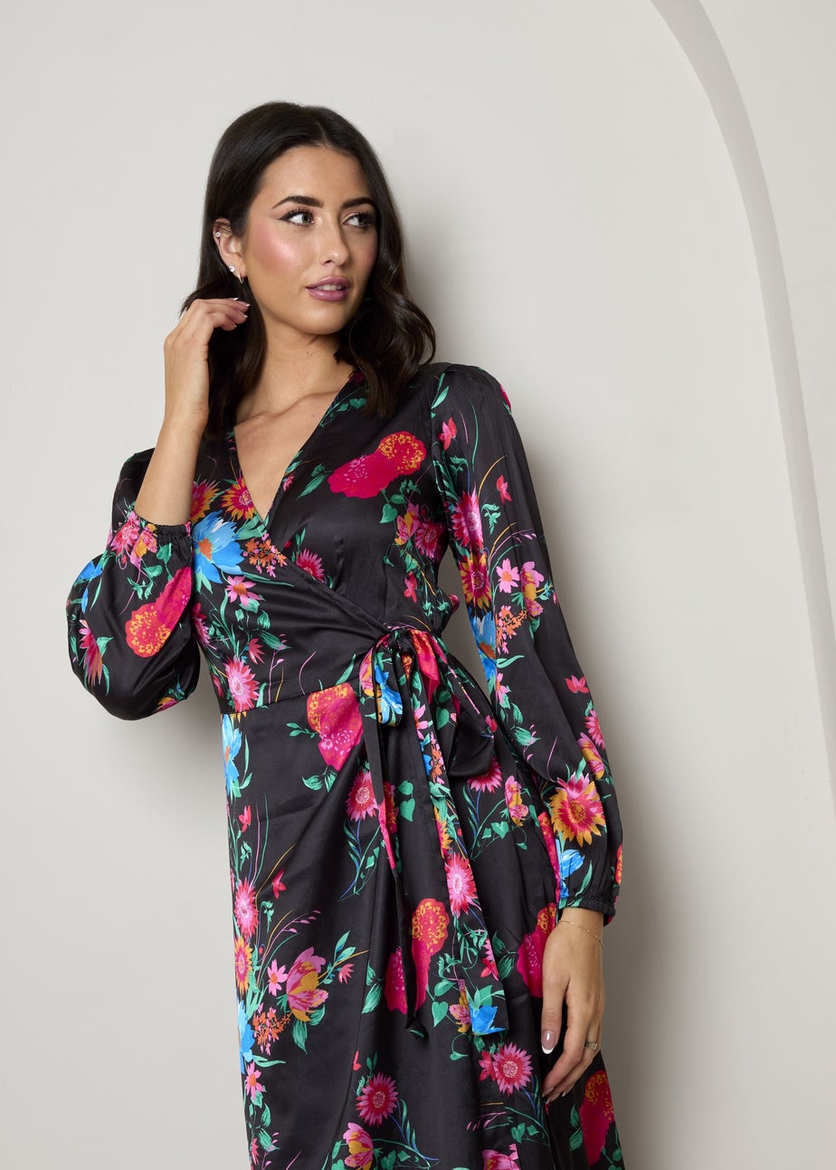 Chi Chi London Black Plus Size Long Sleeve Floral Wrap Dress