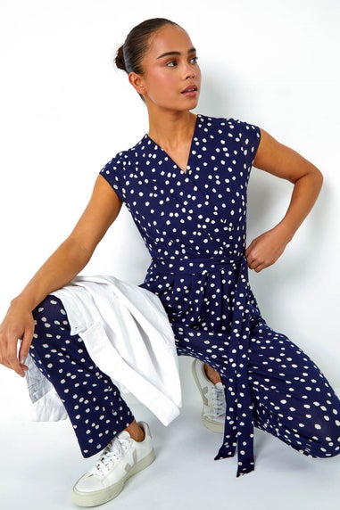 Roman Navy Petite Polka Dot Stretch Jumpsuit