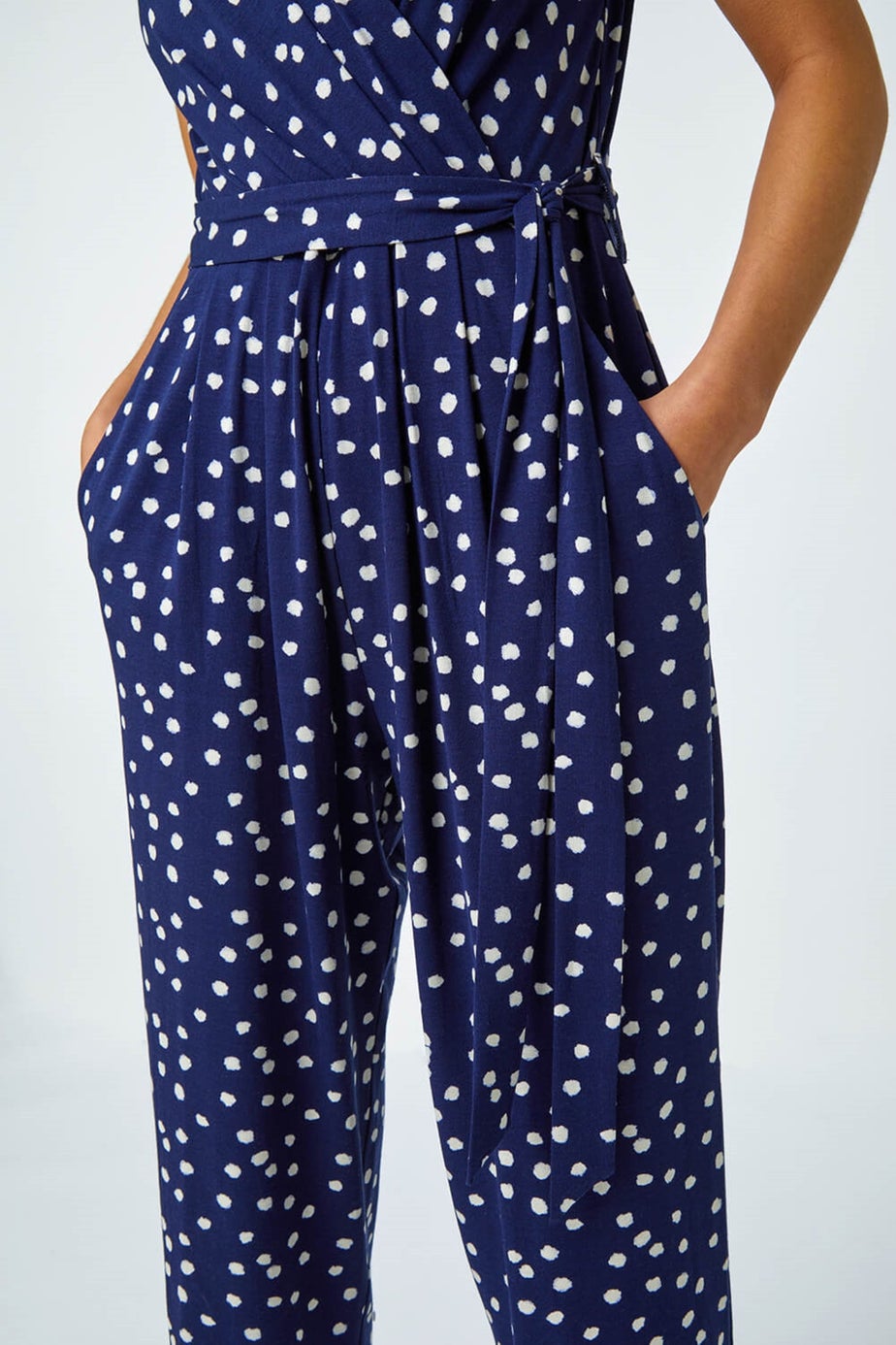 Roman Navy Petite Polka Dot Stretch Jumpsuit