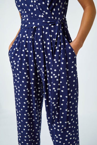 Roman Navy Petite Polka Dot Stretch Jumpsuit