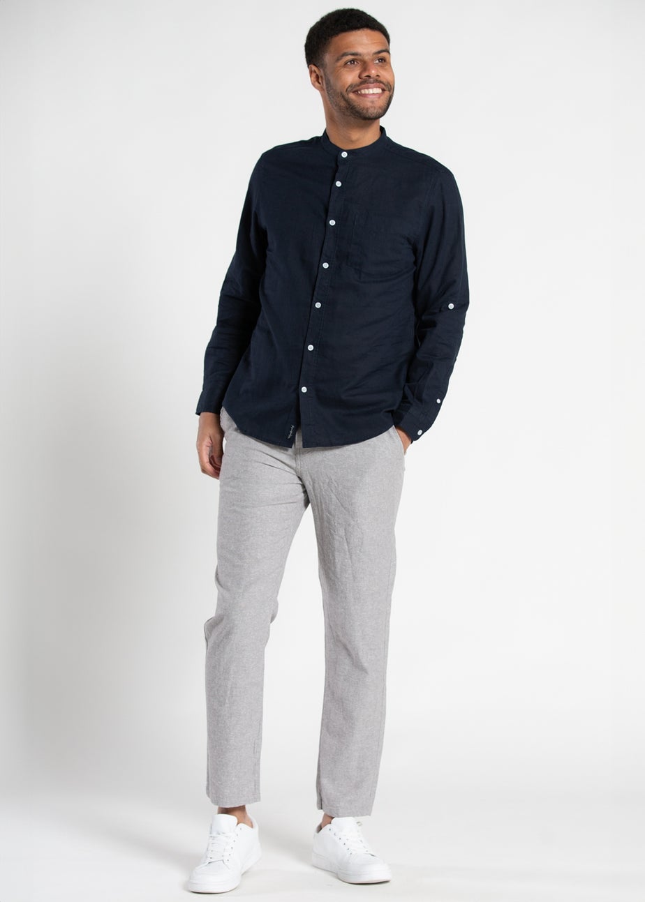Tokyo Laundry Navy Linen Blend Button Up Shirt With Grandad Collar