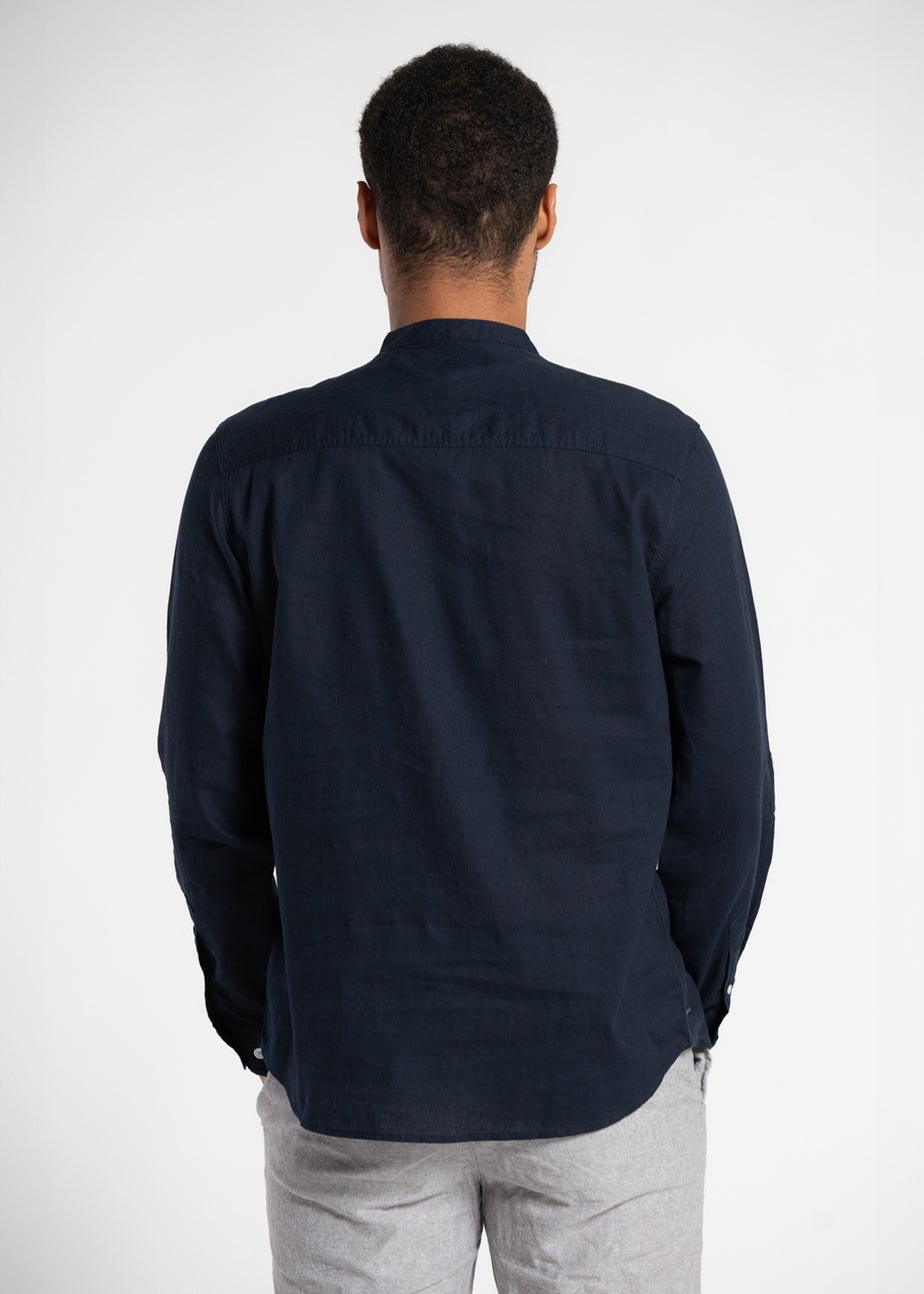 Tokyo Laundry Navy Linen Blend Button Up Shirt With Grandad Collar