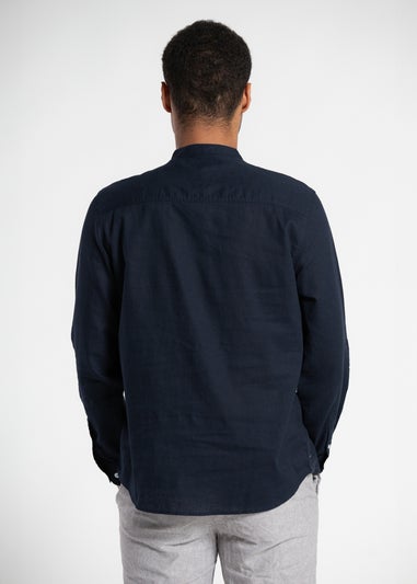 Tokyo Laundry Navy Linen Blend Button Up Shirt With Grandad Collar