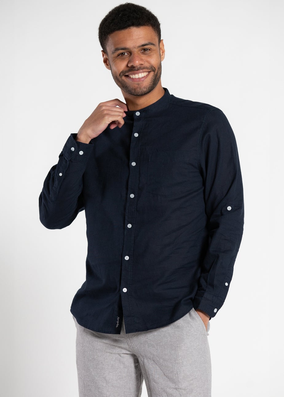 Tokyo Laundry Navy Linen Blend Button Up Shirt With Grandad Collar