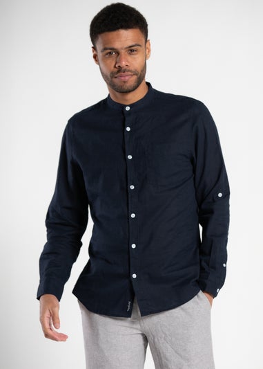 Tokyo Laundry Navy Linen Blend Button Up Shirt With Grandad Collar