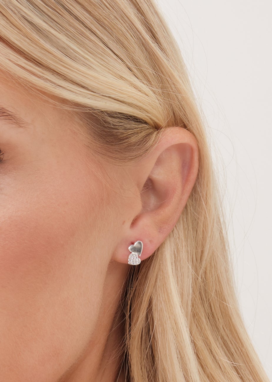 Simply Silver Sterling Silver 925 Pave Double Drop Heart Stud Earrings