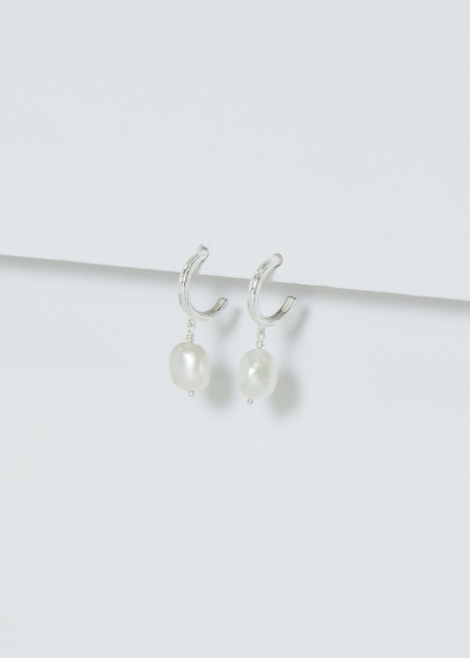 Simply Silver Sterling Silver 925 Polished Textured & Pearl Hoop Earrings