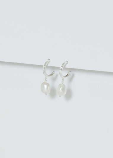 Simply Silver Sterling Silver 925 Polished Textured & Pearl Hoop Earrings