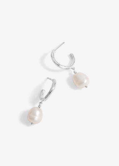 Simply Silver Sterling Silver 925 Polished Textured & Pearl Hoop Earrings