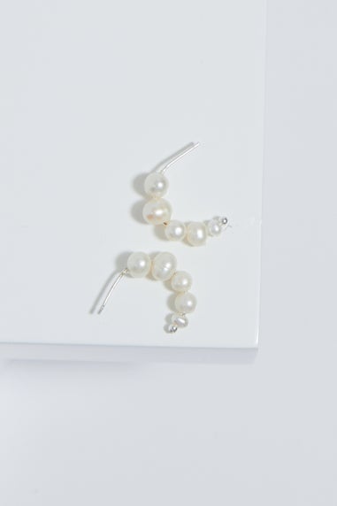 Simply Silver Sterling Silver 925 Graduated Pearl Hoop Earrings