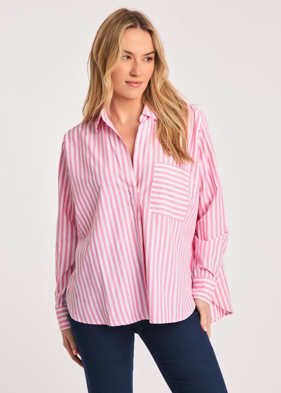 French Connection Pink Relaxed-Fit Striped Popover High-Low Hem Shirt