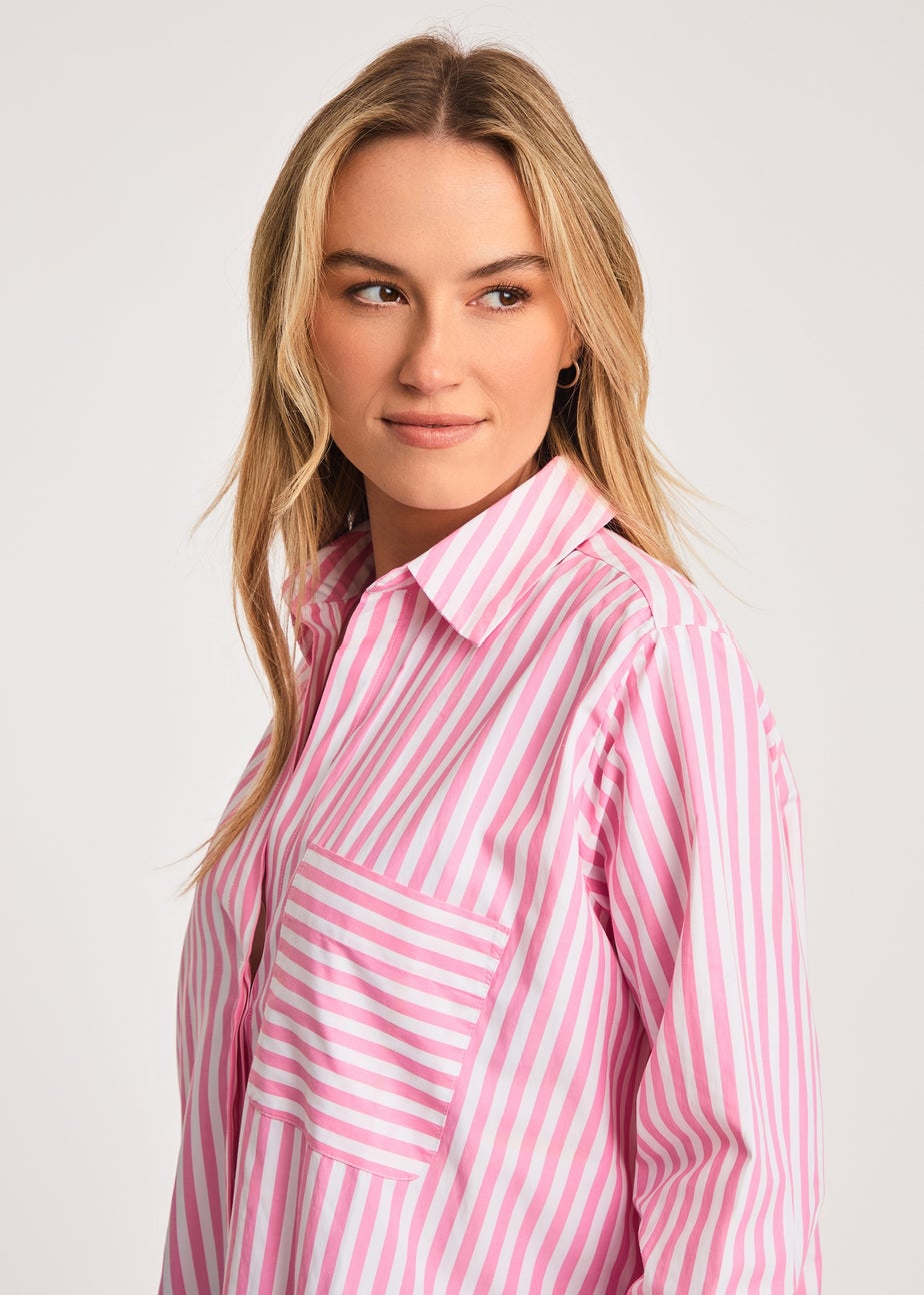 French Connection Pink Relaxed-Fit Striped Popover High-Low Hem Shirt