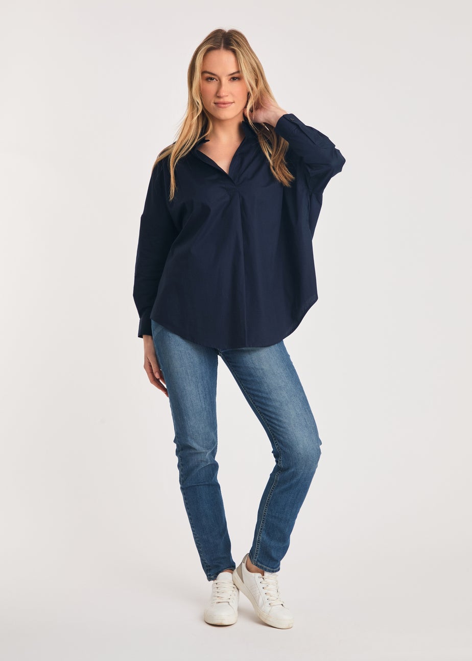 French Connection Navy Cotton Long Sleeve Poplin Popover High-Low Hem Shirt