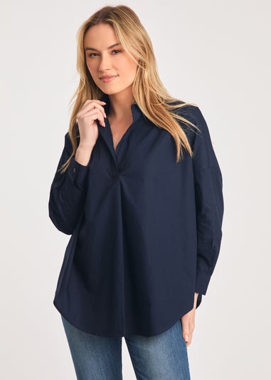 French Connection Navy Cotton Long Sleeve Poplin Popover High-Low Hem Shirt
