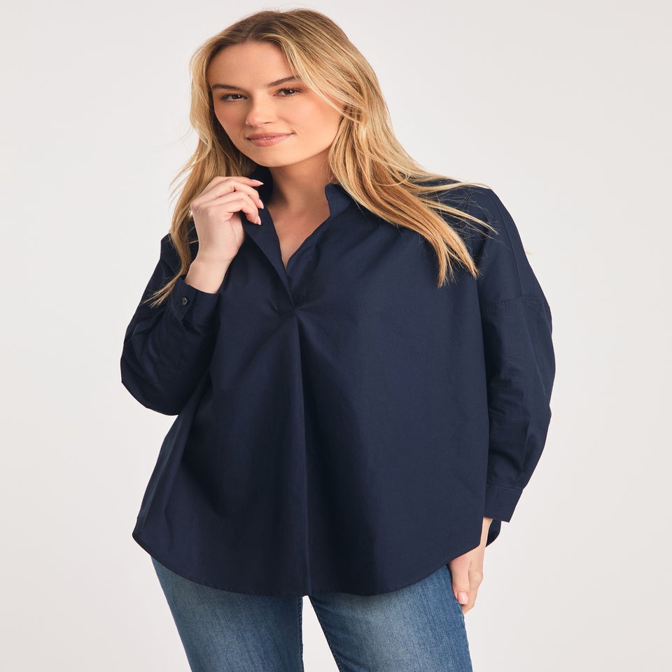 French Connection Navy Cotton Long Sleeve Poplin Popover High-Low Hem Shirt