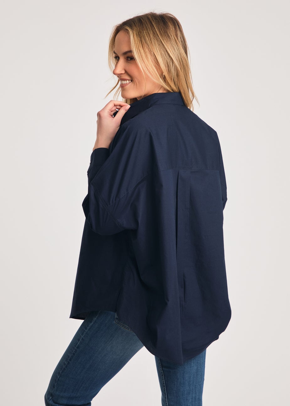 French Connection Navy Cotton Long Sleeve Poplin Popover High-Low Hem Shirt