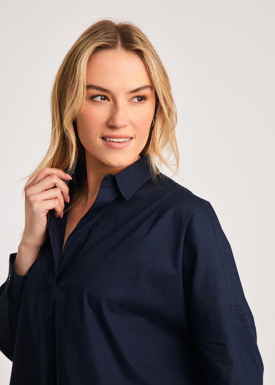 French Connection Navy Cotton Long Sleeve Poplin Popover High-Low Hem Shirt