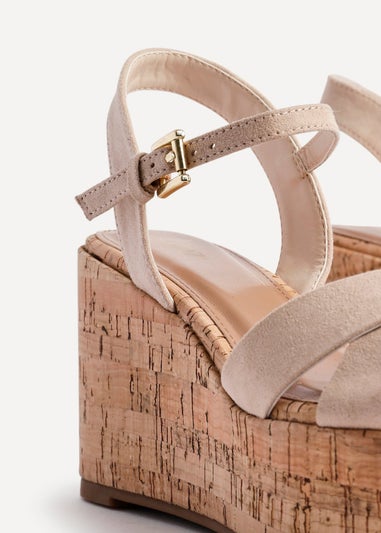 Linzi Vivid Sand Faux Suede Crossover Cork Wedge