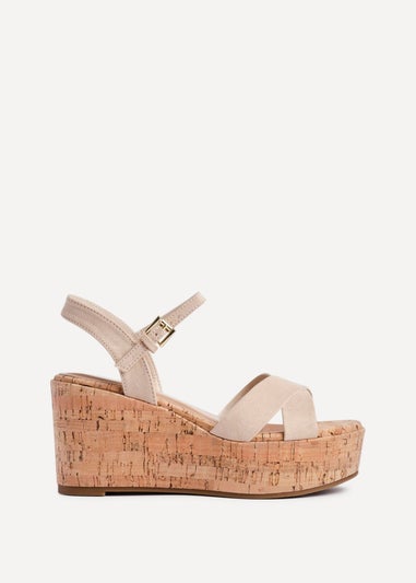 Linzi Vivid Sand Faux Suede Crossover Cork Wedge