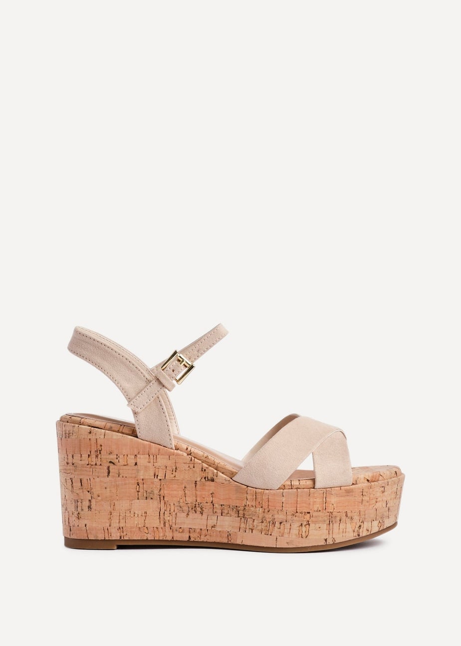 Linzi Vivid Sand Faux Suede Crossover Cork Wedge