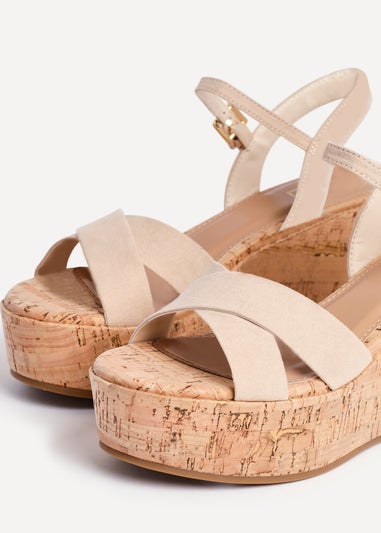 Linzi Vivid Sand Faux Suede Crossover Cork Wedge