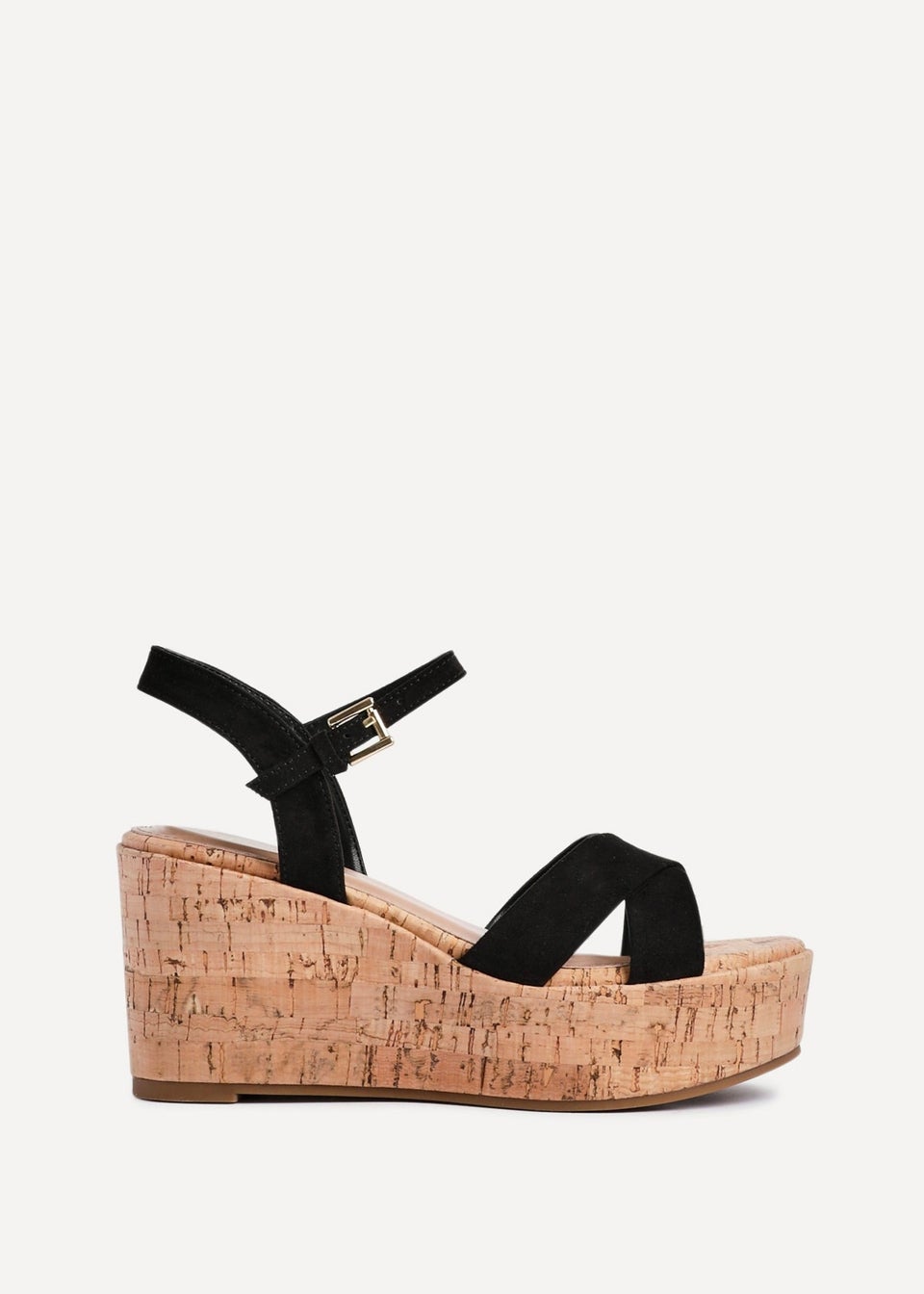 Linzi Vivid Black Faux Suede Crossover Cork Wedge