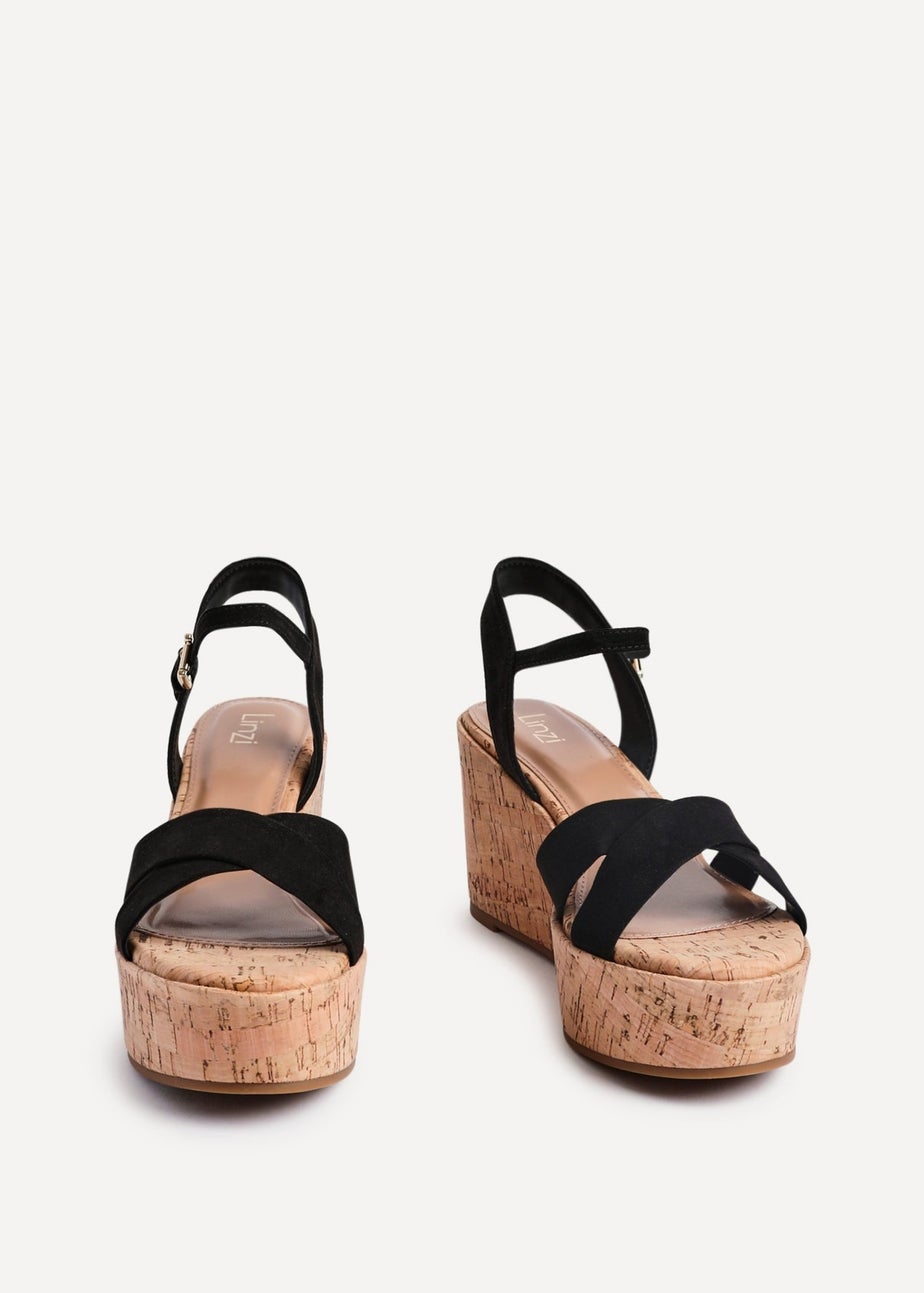 Linzi Vivid Black Faux Suede Crossover Cork Wedge