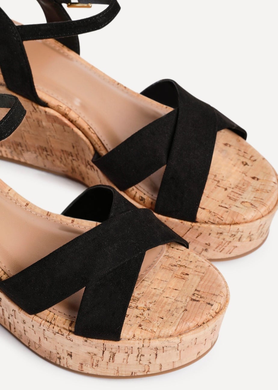 Linzi Vivid Black Faux Suede Crossover Cork Wedge