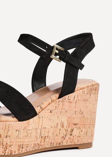 Linzi Vivid Black Faux Suede Crossover Cork Wedge