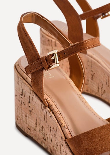 Linzi Vivid Tan Faux Suede Crossover Cork Wedge