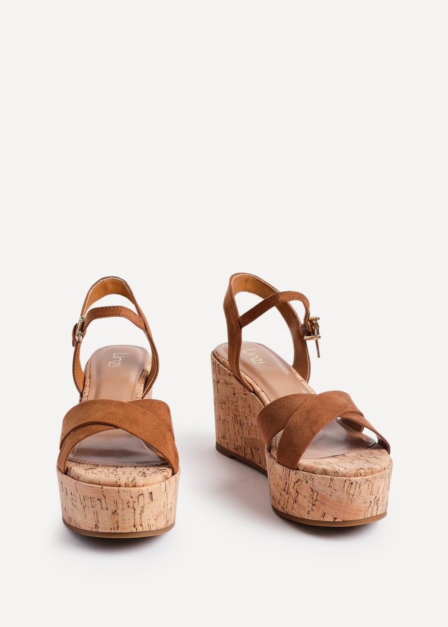 Linzi Vivid Tan Faux Suede Crossover Cork Wedge