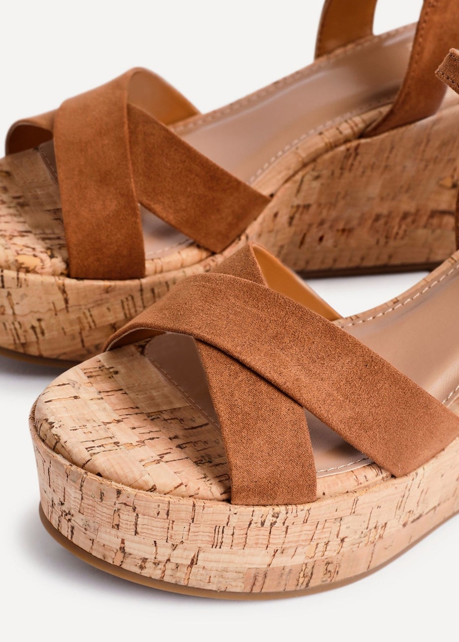 Linzi Vivid Tan Faux Suede Crossover Cork Wedge