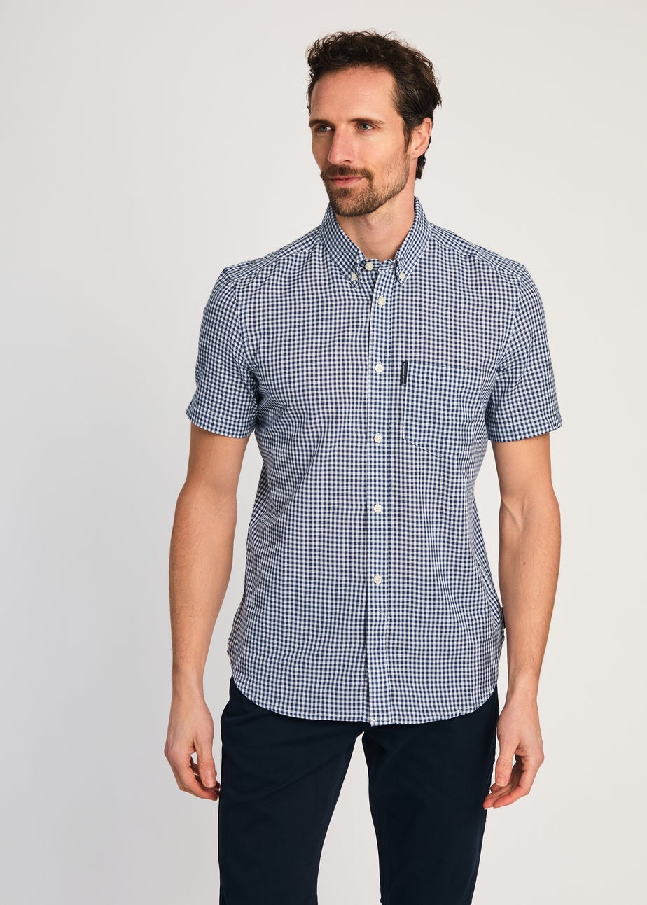 French Connection Blue Cotton Short Sleeve Gingham Chest Pocket Shirt